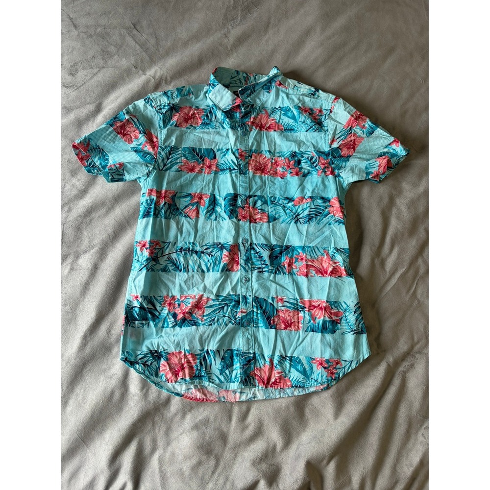 Amongst Others Mens Tropical Floral Gingham Button Down Shirt Turquoise Size M